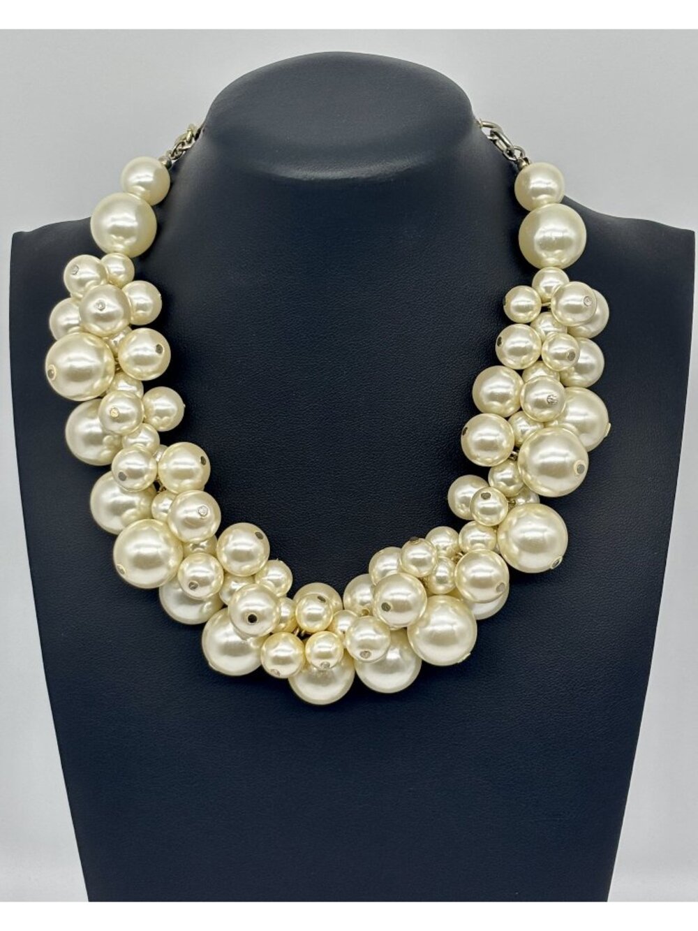 Faux Pearls Cluster Statement Collar Necklace Cream Silver-Tone Adjustable Clasp